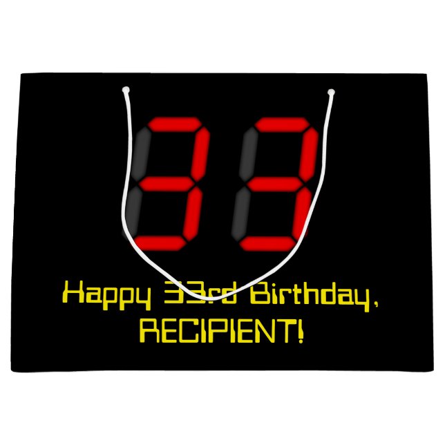 33rd Birthday: Red Digital Clock Style "33" + Name Large Gift Bag (Front)