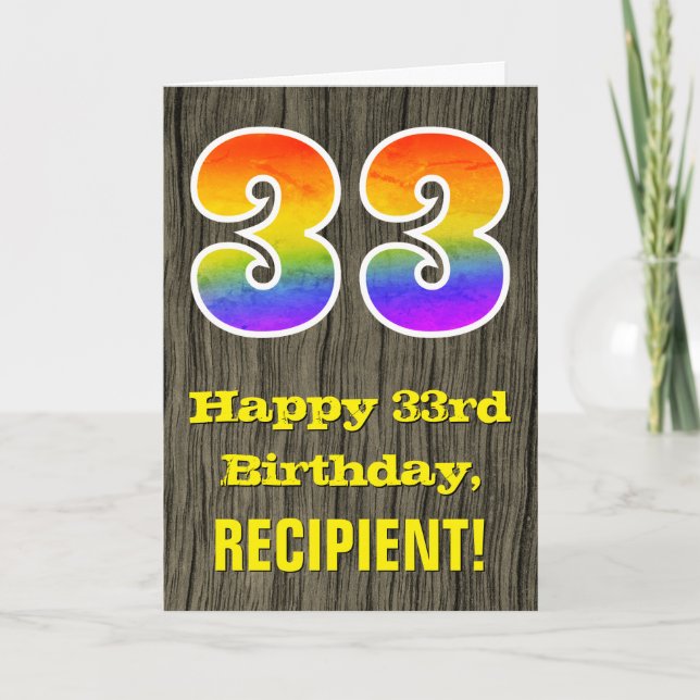 33rd Birthday: Rustic Faux Wood Look, Rainbow "33" Card (Front)