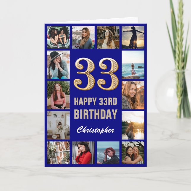 33rd Happy Birthday Navy Blue & Gold Photo Collage Card (Front)