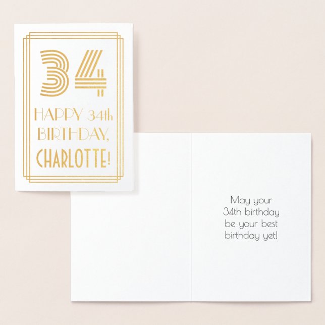 34th Birthday - Art Deco Inspired Look "34" & Name Foil Card (Display)