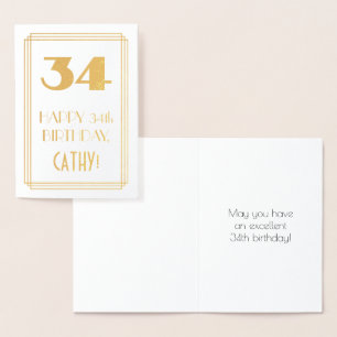 34th Birthday: Art Deco Inspired Look "34" & Name Foil Card