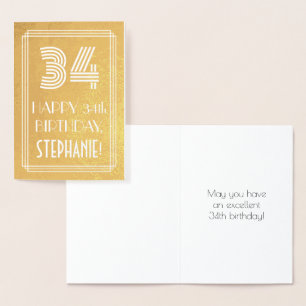 34th Birthday – Art Deco Inspired Look "34" + Name Foil Card