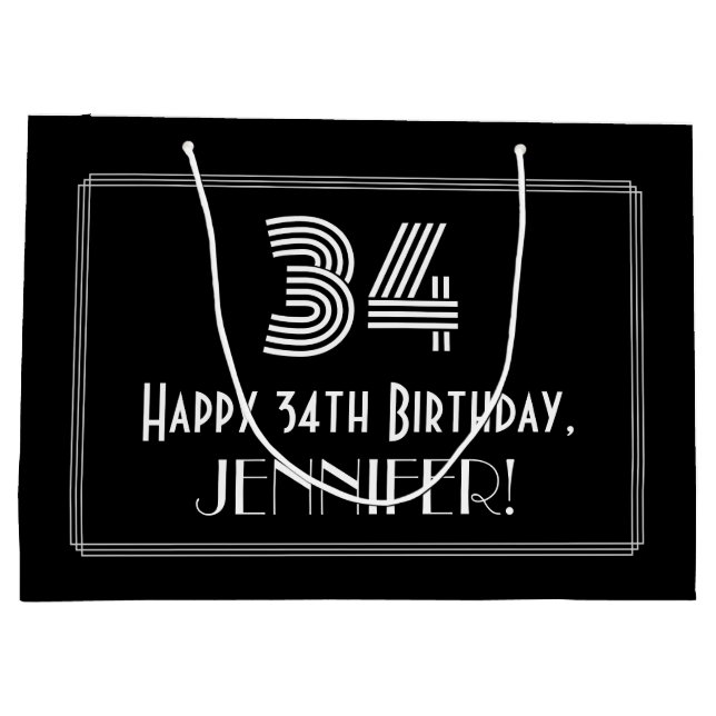 34th Birthday — Art Deco Inspired Look "34" & Name Large Gift Bag (Back)