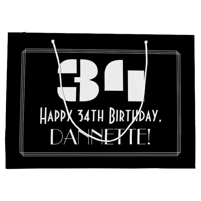 34th Birthday ~ Art Deco Inspired Look "34" + Name Large Gift Bag (Back)