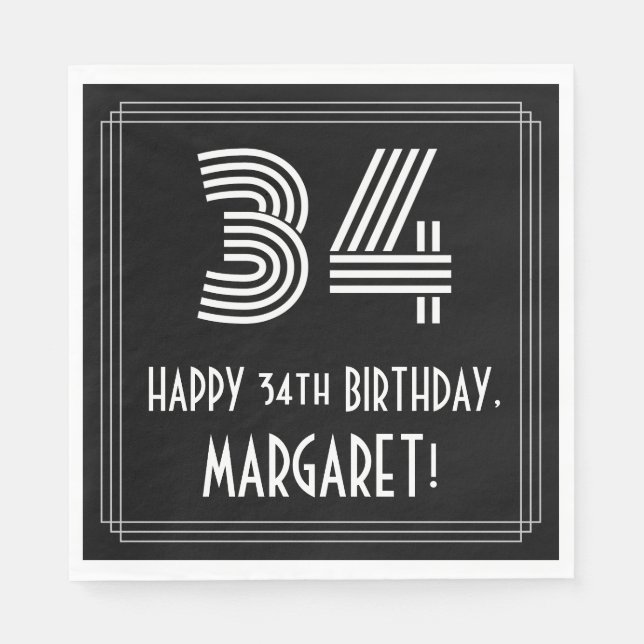 34th Birthday: Art Deco Inspired Look "34" + Name Napkin (Front)