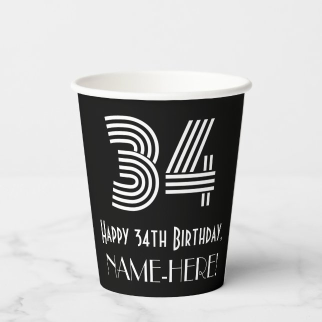 34th Birthday — Art Deco Inspired Look “34” + Name Paper Cups (Back)