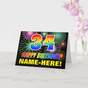 34th Birthday: Bold, Fun, Fireworks, Rainbow 34 Card