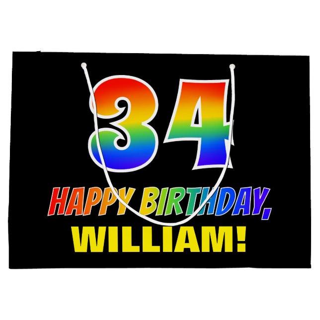 34th Birthday: Bold, Fun, Simple, Rainbow 34 Large Gift Bag (Back)