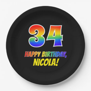 34th Birthday: Bold, Fun, Simple, Rainbow 34 Paper Plate
