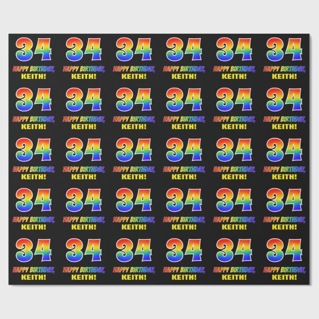 34th Birthday: Bold, Fun, Simple, Rainbow 34 Wrapping Paper (Flat)