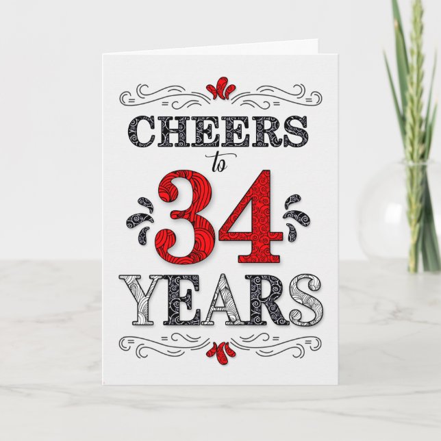 34th Birthday Cheers in Red White Black Pattern Card (Front)