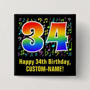 34th Birthday: Colorful Music Symbols, Rainbow 34 15 Cm Square Badge