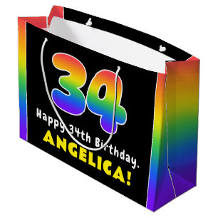 34th Birthday: Colorful Rainbow # 34, Custom Name Large Gift Bag