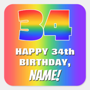 34th Birthday: Colourful, Fun Rainbow Pattern # 34 Square Sticker