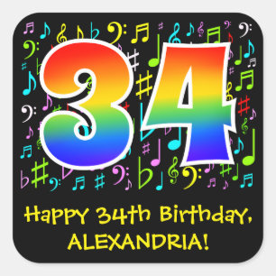 34th Birthday: Colourful Music Symbols, Rainbow 34 Square Sticker