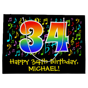 34th Birthday - Colourful Music Symbols, Rainbow 3 Large Gift Bag
