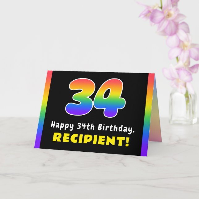 34th Birthday: Colourful Rainbow # 34, Custom Name Card (Orchid)