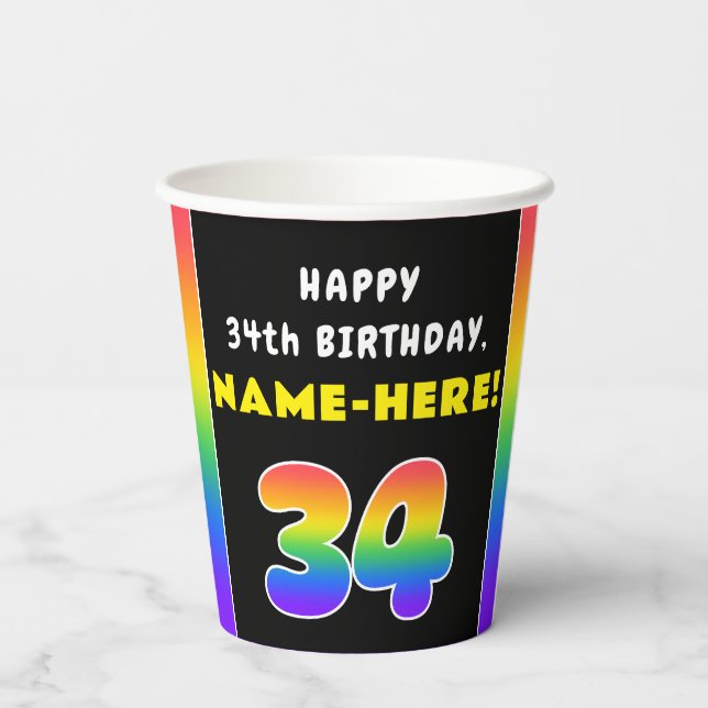 34th Birthday: Colourful Rainbow # 34, Custom Name Paper Cups (Back)