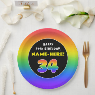 34th Birthday: Colourful Rainbow # 34, Custom Name Paper Plate