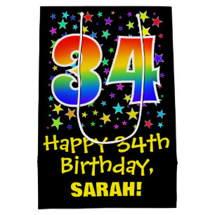 34th Birthday: Colourful Stars Pattern & Rainbow 3 Medium Gift Bag
