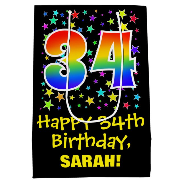 34th Birthday: Colourful Stars Pattern & Rainbow 3 Medium Gift Bag (Back)