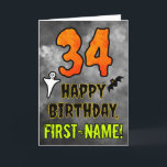 34th Birthday: Eerie Halloween Theme   Custom Name Card<br><div class="desc">The front of this scary and spooky Halloween themed birthday greeting card design features a large number “34”, along with the message “HAPPY BIRTHDAY, ”, and a customisable name. There are also depictions of a ghost and a bat on the front. The inside features a custom birthday greeting message, or...</div>