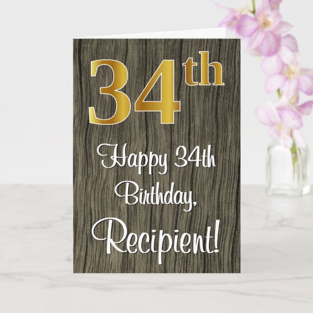 34th Birthday: Elegant Faux Gold Look #, Faux Wood Card (Orchid)