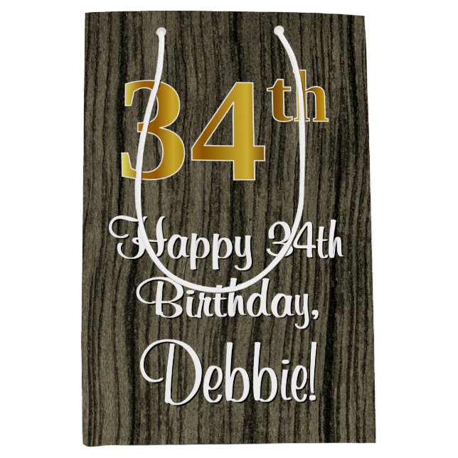 34th Birthday: Elegant Faux Gold Look #, Faux Wood Medium Gift Bag (Front)