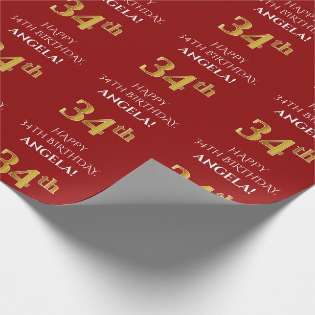 34th Birthday: Elegant, Red, Faux Gold Look Wrapping Paper (Corner)