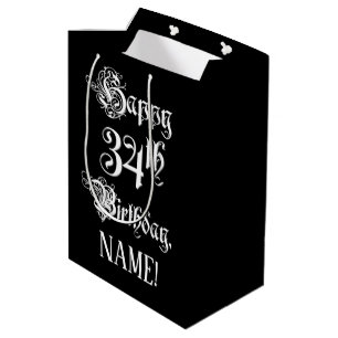 34th Birthday: Fancy, Elegant Script + Custom Name Medium Gift Bag