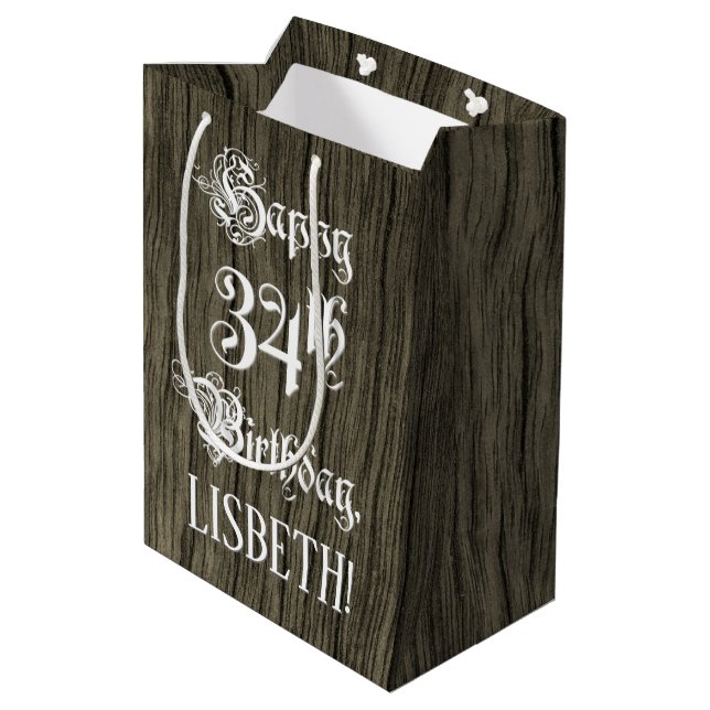 34th Birthday: Fancy, Faux Wood Look + Custom Name Medium Gift Bag (Back Angled)