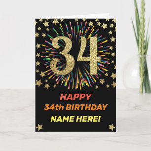 34th Birthday Fireworks Rainbow Gold Fun Card