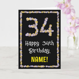 34th Birthday: Floral Flowers Number, Custom Name Card