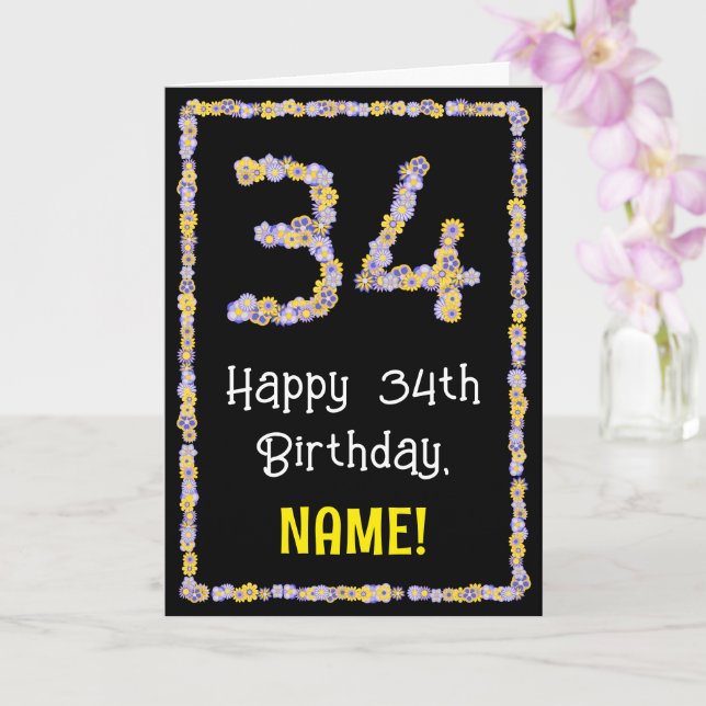 34th Birthday: Floral Flowers Number, Custom Name Card (Orchid)