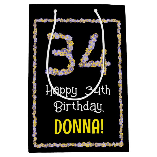 34th Birthday: Floral Flowers Number, Custom Name Medium Gift Bag (Front)