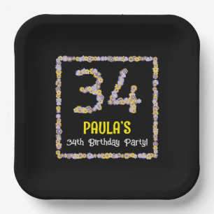 34th Birthday: Floral Flowers Number, Custom Name Paper Plate
