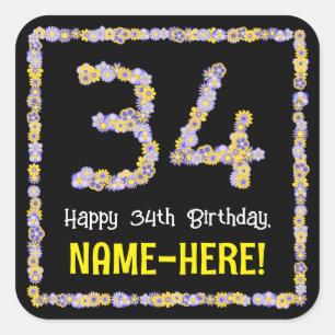 34th Birthday: Floral Flowers Number, Custom Name Square Sticker