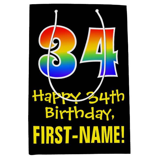 34th Birthday: Fun, Bold, Colourful, Rainbow "34" Medium Gift Bag (Front)