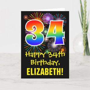 34th Birthday: Fun Fireworks Pattern + Rainbow 34 Card