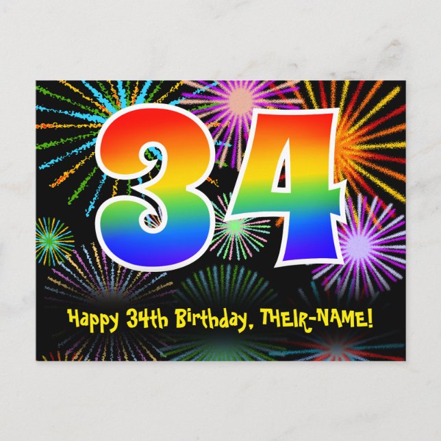34th Birthday – Fun Fireworks Pattern + Rainbow 34 Postcard (Front)