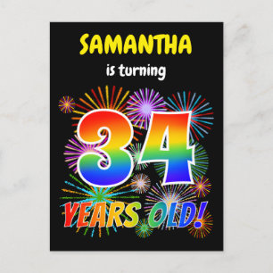 34th Birthday - Fun Fireworks, Rainbow Look "34" Postcard