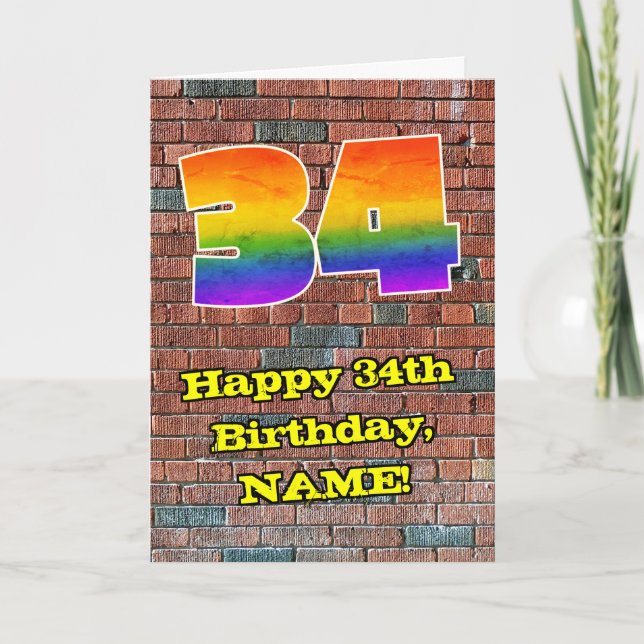 34th Birthday: Fun Graffiti-Inspired Rainbow 34 Card (Front)