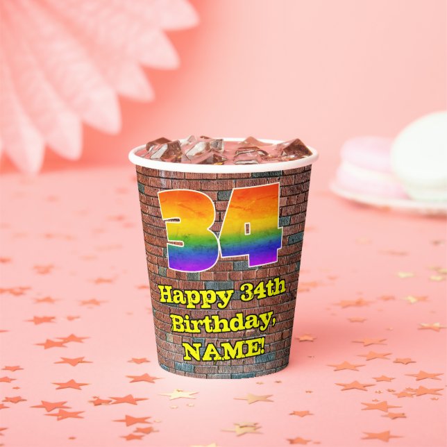 34th Birthday: Fun Graffiti-Inspired Rainbow 34 Paper Cups (Insitu)