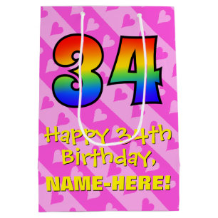 34th Birthday: Fun Pink Hearts Stripes; Rainbow 34 Medium Gift Bag