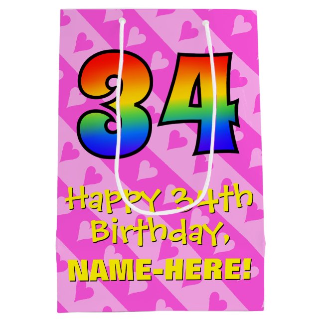 34th Birthday: Fun Pink Hearts Stripes; Rainbow 34 Medium Gift Bag (Back)