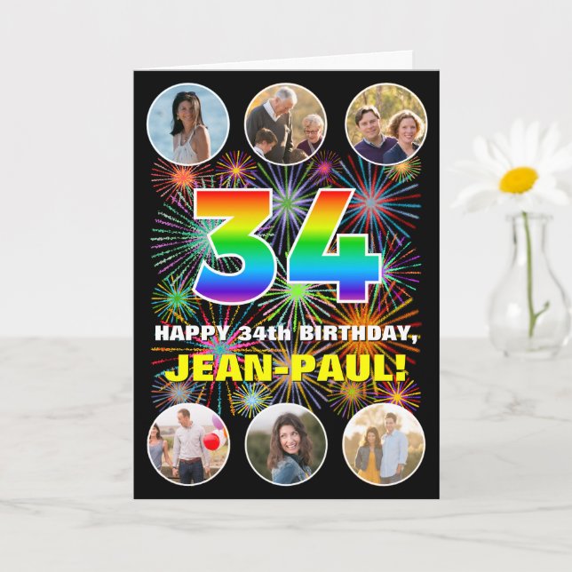 34th Birthday: Fun Rainbow #, Custom Name & Photos Card (Small Plant)