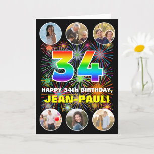 34th Birthday: Fun Rainbow #, Custom Name & Photos Card