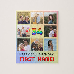 34th Birthday: Fun Rainbow #, Custom Name & Photos Jigsaw Puzzle