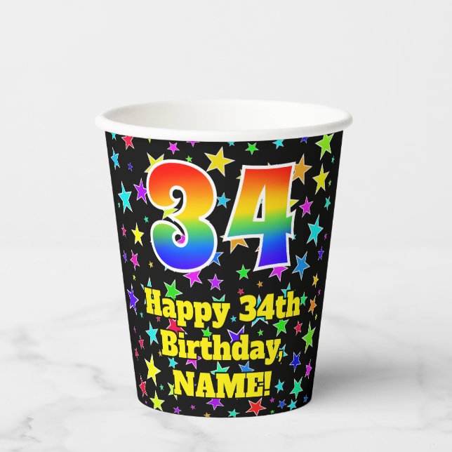 34th Birthday: Fun Stars Pattern and Rainbow 34 Paper Cups (Front)