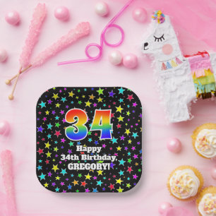 34th Birthday: Fun Stars Pattern and Rainbow “34 Paper Plate